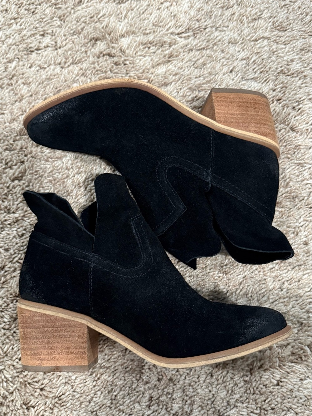 bp Black Suede Ankle Booties with Stacked Wood Heel